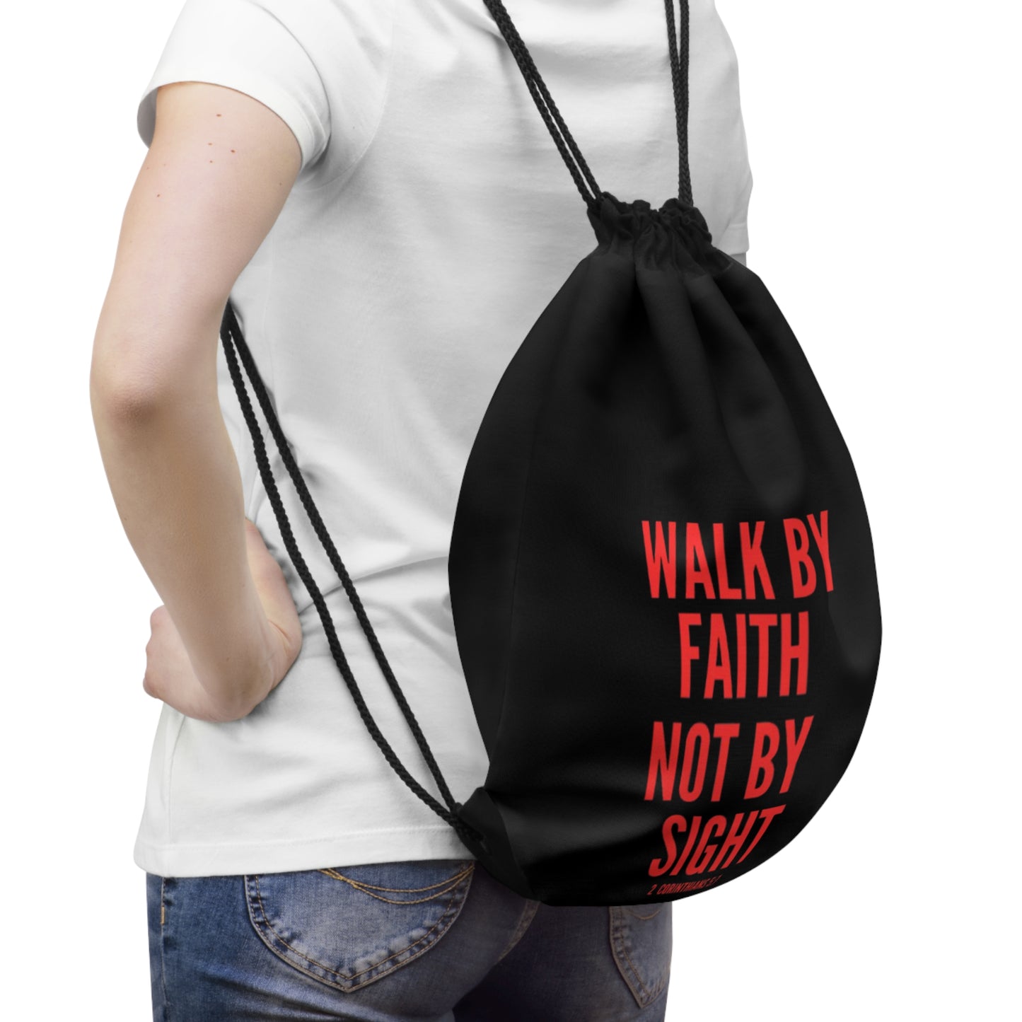 Black of Faith-Inspired Drawstring Bag - Walk by Faith, Not by Sight, Motivational Gym Bag, Christian Tote, Spiritual Gift, Everyday Use